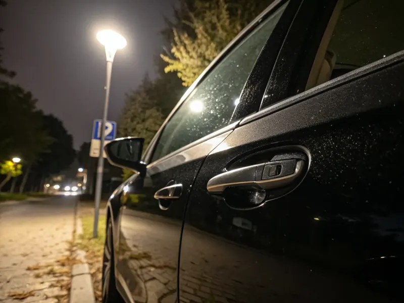 Sfeerbeeld (AI): portier van een geparkeerde auto onder een straatlantaarn