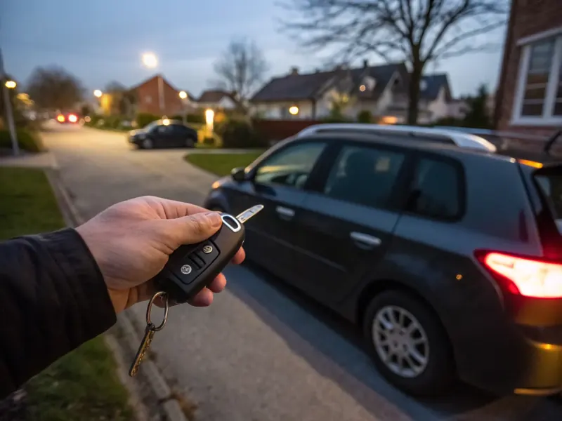 Sfeerbeeld (AI): hand met een autosleutel naast een geparkeerde auto in een woonstraat