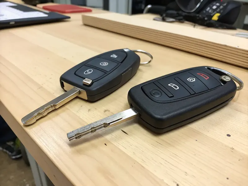 Sfeerbeeld (AI): twee autosleutels met uitklapbaar sleutelblad naast elkaar op een houten werkbank