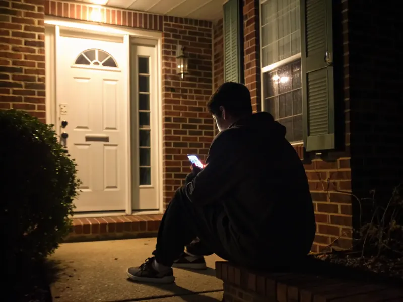 Sfeerbeeld (AI): iemand zit 's avonds met telefoon op de stoep voor een dichte voordeur