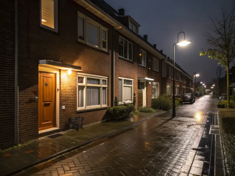 Sfeerbeeld (AI): natte woonstraat 's nachts met een verlichte voordeur, geen bestaande straat