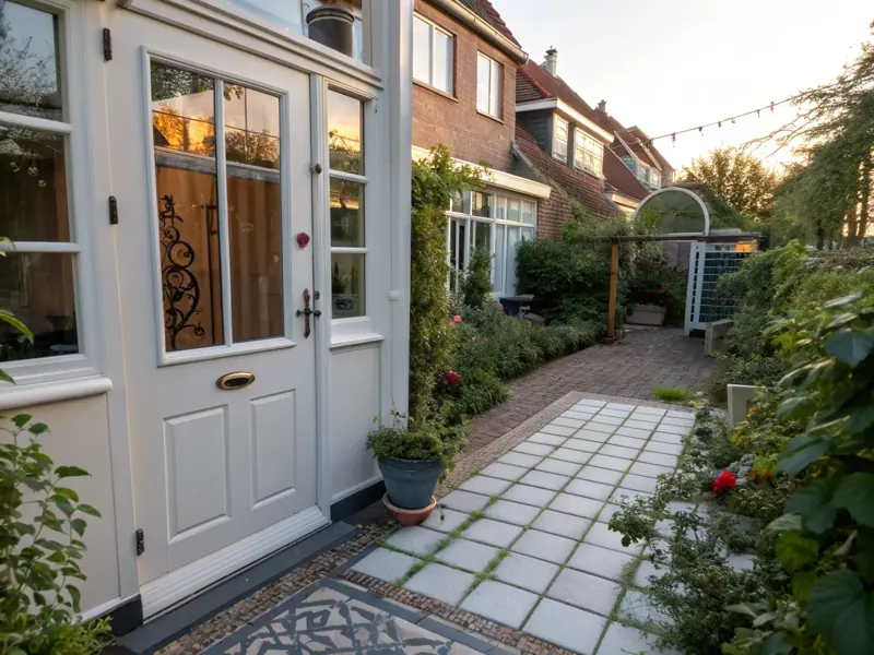 Sfeerbeeld (AI): achterdeur met glas en deurkruk, gezien vanuit een kleine tuin