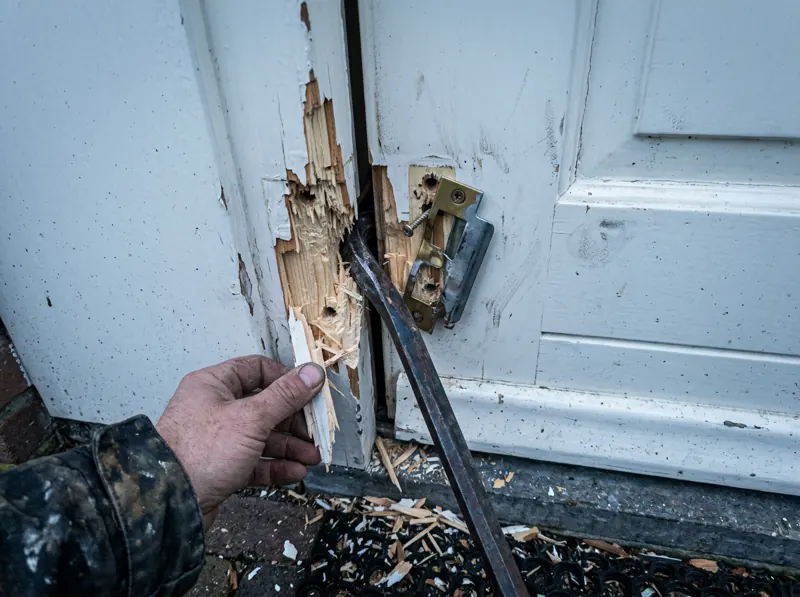 Sfeerbeeld (AI): opengebroken houten kozijn met versplinterd hout, een koevoet en een losgerukte sluitplaat