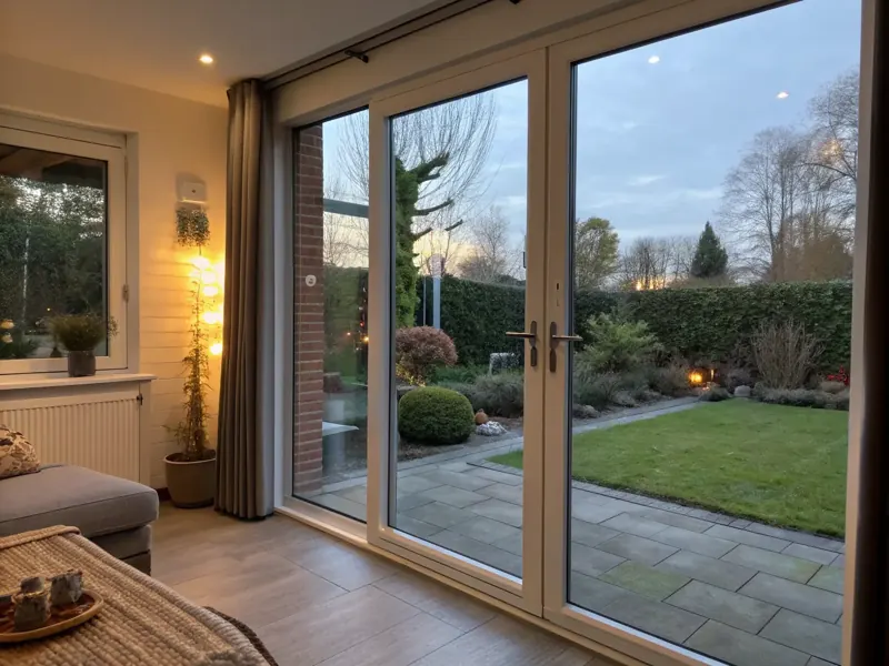 Sfeerbeeld (AI): woonkamer met glazen tuindeuren naar een tuin bij avondlicht